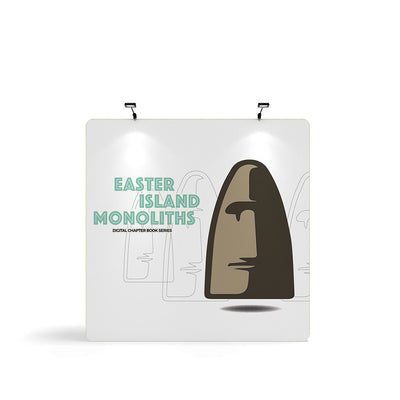 Trade show display featuring Easter Island monolith graphic and text for exhibitions and events