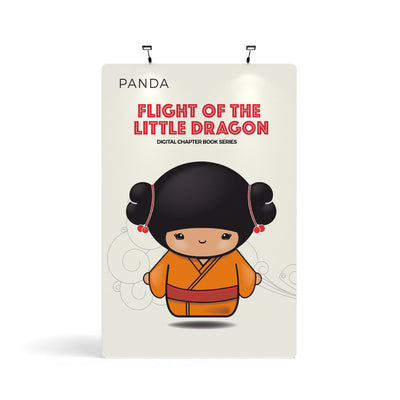 Trade show display featuring digital chapter book series promotion with cute character illustration