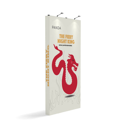 Trade show display panel featuring dragon graphic and book series title for exhibitions and events