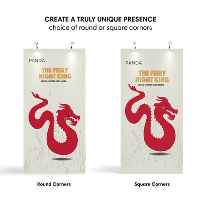 Two trade show display banners with round and square corners featuring dragon graphic and digital book series text