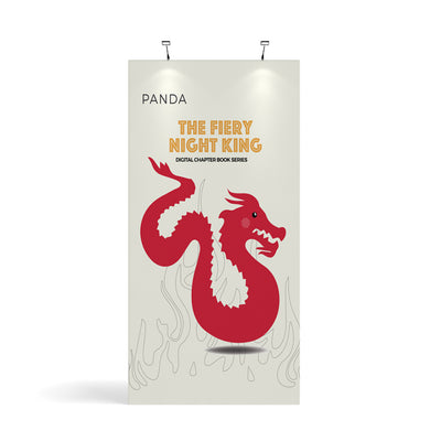 Trade show display panel featuring digital chapter book series promotion with dragon graphic and bold text