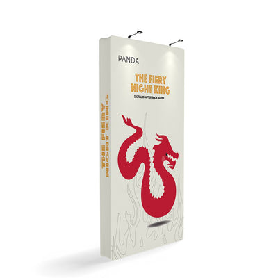 Freestanding trade show display panel featuring dragon graphic and book series title for exhibition use