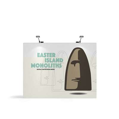 Trade show backdrop featuring Easter Island monoliths graphic and signage for digital chapter book series