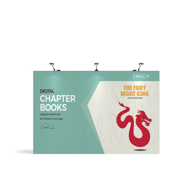 Trade show display panel featuring digital chapter books with dragon graphic for exhibitions and events