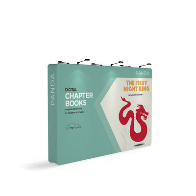 Portable trade show display with digital chapter books theme featuring fantasy dragon graphic