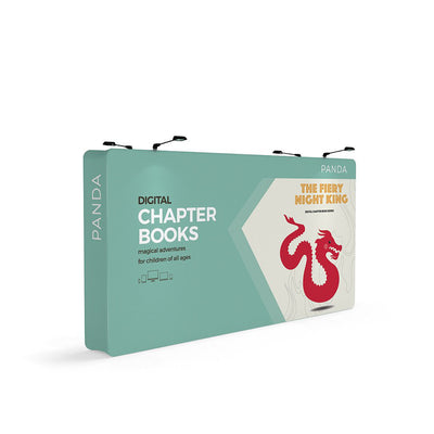 Trade show fabric display backdrop featuring digital chapter books promotion with dragon graphic