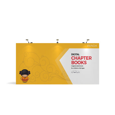 Trade show fabric display with digital chapter books advertisement, modern exhibition backdrop