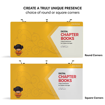 Exhibition trade show wall displays with choice of round or square corners featuring digital children's chapter books branding