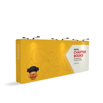 Trade show fabric backdrop display featuring digital chapter books promotion with character graphics and overhead lighting