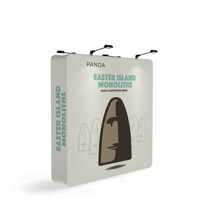 Trade show display with Easter Island Monoliths graphic and digital chapter book series branding