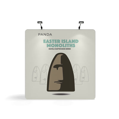 Trade show display featuring Easter Island Monoliths design with overhead spotlights for exhibitions