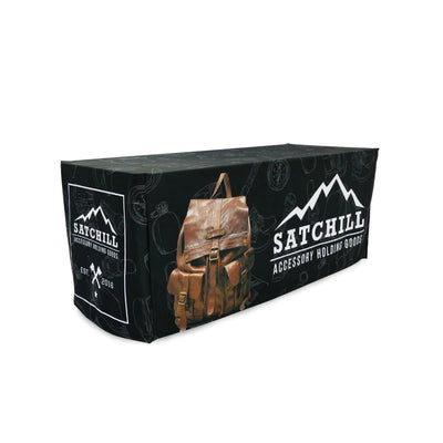 Custom branded fitted table throw with logo and backpack image for trade shows and exhibitions