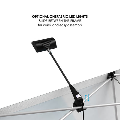 Optional LED light attachment for fabric display frame enhancing trade show exhibits and event booths