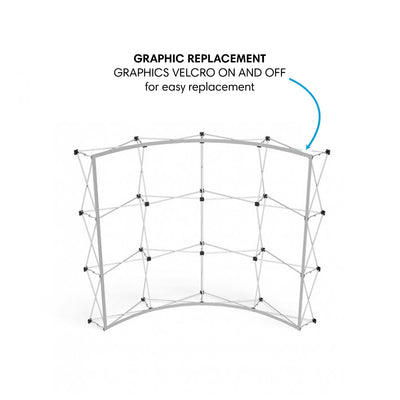 Curved fabric trade show display frame with graphic replacement feature for exhibitions and events