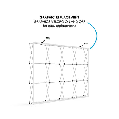 Collapsible trade show display frame with Velcro graphic attachment and top lights for exhibitions