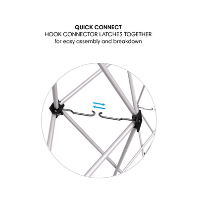 Close-up of quick connect hook connectors on a pop-up frame for trade shows and events