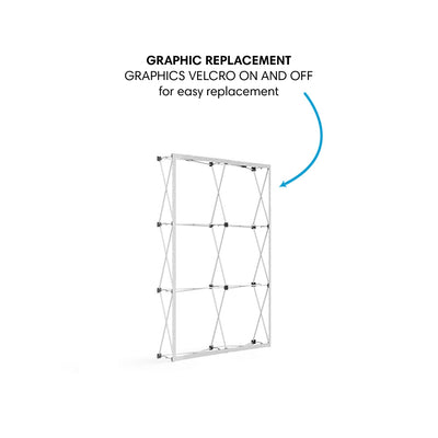 Pop-up display frame with graphic replacement feature for trade shows and exhibitions