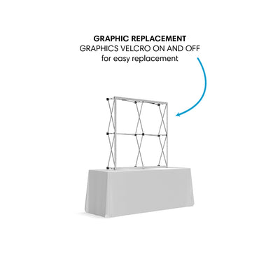 Pop-up tabletop display frame on a draped table for trade show and exhibition graphics replacement
