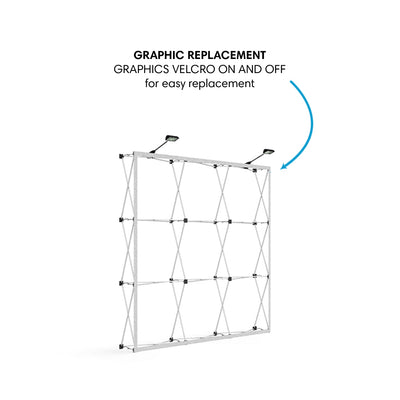 Lightweight pop-up display frame with adjustable lights for trade shows and exhibition graphics