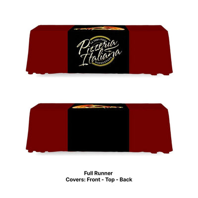 Full table runner with custom logo and pizza graphic for trade show and exhibition branding