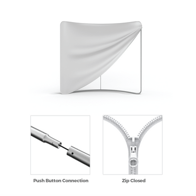 Curved table top display frame with fabric cover for trade shows, showing push button and zip closure