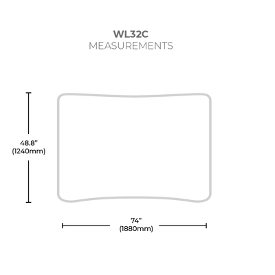 Curved tabletop display dimensions for trade shows and exhibitions, 74" width by 48.8" height