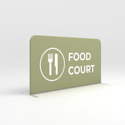 Freestanding trade show barrier with food court signage and cutlery icon for exhibitions and events