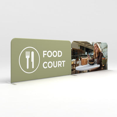 Trade show barriers featuring food court signage and lifestyle image for exhibitions and special events