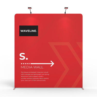 Trade show media wall display with lightweight aluminum frame and wrinkle-resistant fabric graphic