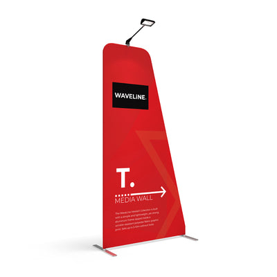 Freestanding media wall display with attached spotlight ideal for trade shows and exhibitions