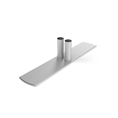 Trade show display hardware component with dual vertical tubes on a curved base for exhibition setups