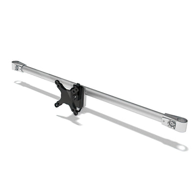 Adjustable mounting bar for trade show exhibits with central bracket for display attachment