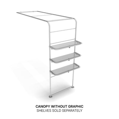 Trade show canopy frame with three attached shelves for exhibitions and special event displays