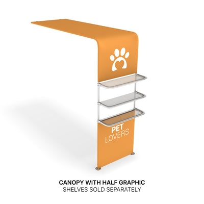 Exhibition canopy with half graphic and display shelves for trade shows and special events