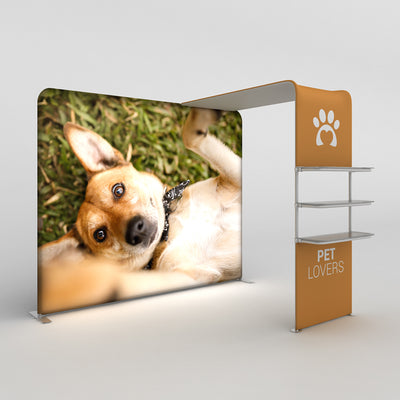 trade show display with large canine graphic and shelving unit for pet lovers events