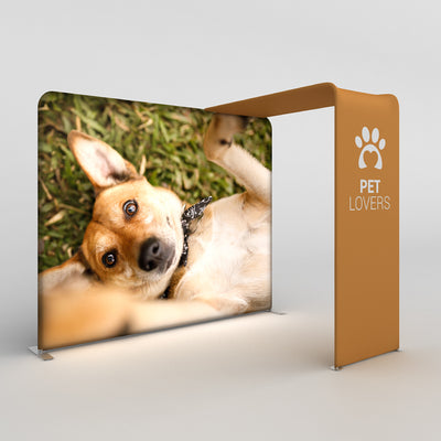 Trade show canopy with pet-themed display featuring a close-up dog image, ideal for exhibitions and events