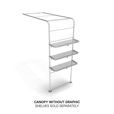 Modular trade show canopy frame with three display shelves for exhibitions and special events