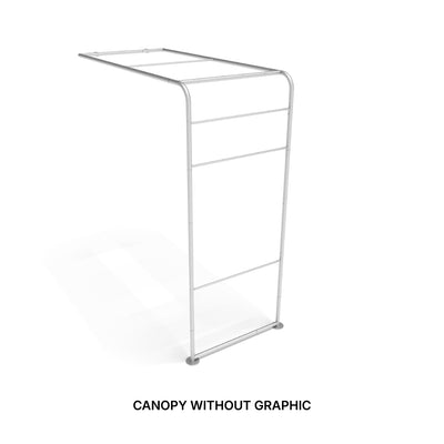 Modular canopy frame for trade shows and exhibitions with curved design and support bars