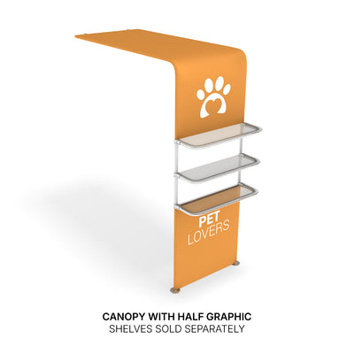 Trade show canopy with half graphic and three metal shelves for exhibitions and special events