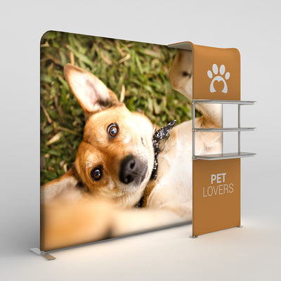 Trade show display featuring large pet-themed backdrop with dog image and shelving for exhibitions