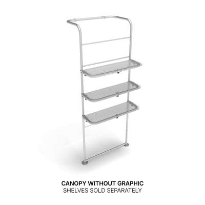 Trade show canopy frame with three detachable shelves for exhibitions and special event displays