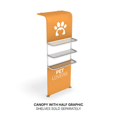 Trade show canopy display with pet lovers graphic and three clear shelves for exhibitions and events