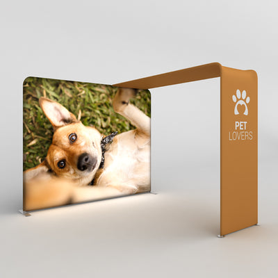 Trade show canopy and banner display featuring a pet lovers theme with playful dog image for events