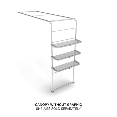 Trade show canopy frame with three attachable shelves for exhibitions and special events