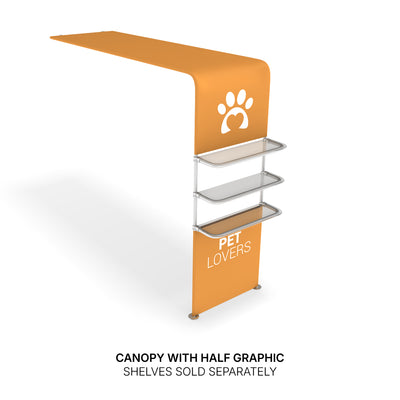 Trade show canopy with graphic and three attached shelves for exhibitions and special events