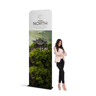 Tall banner stand with travel tour advertisement featuring scenic pavilion, ideal for trade shows and events