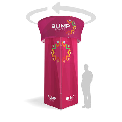 Rotating blimp tower display for trade shows and exhibitions with branded graphics