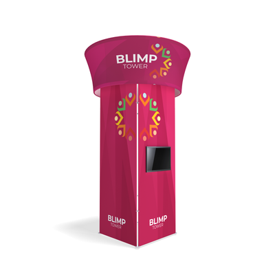 Square trade show tower booth with large overhead ring and attached monitor display