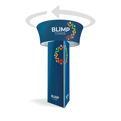 Rotating triangular blimp tower display for trade shows and exhibitions with colorful logo and branding