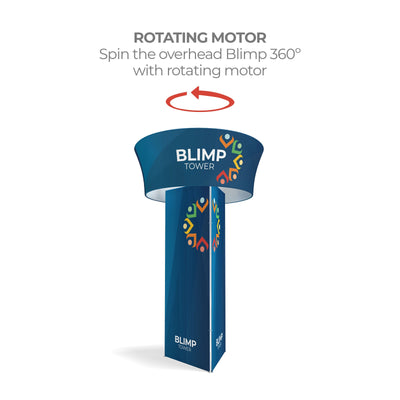 Rotating overhead blimp tower for trade shows and exhibitions with 360° spinning motor